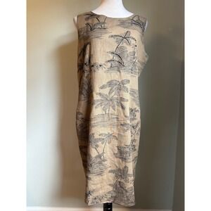 Coldwater Creek Linen Blend Tropical Palm Tree Beaded Dress Size 14 resort wear